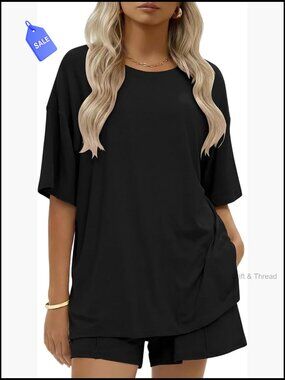 Cotton Lounge Set with Pockets Short Sleeve Top and Shorts Small